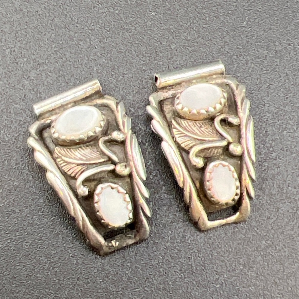 Vintage Sterling Silver Watch Tips Leaves Mother of Pearl RB Sterling Southwest
